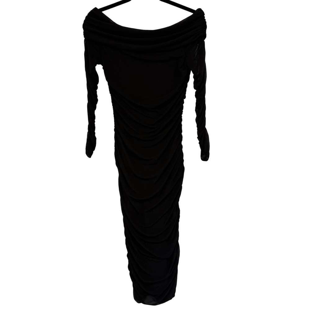 PrettyGarden Black Off Shoulder Ruched Mesh Sleeve Bodycon Midi Dress Size S